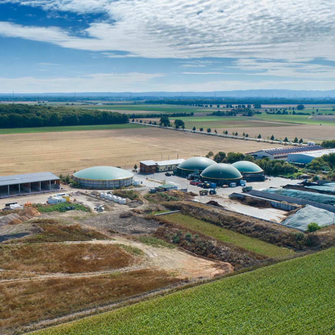 Eine große Biogasanlage steht auf einem Feld