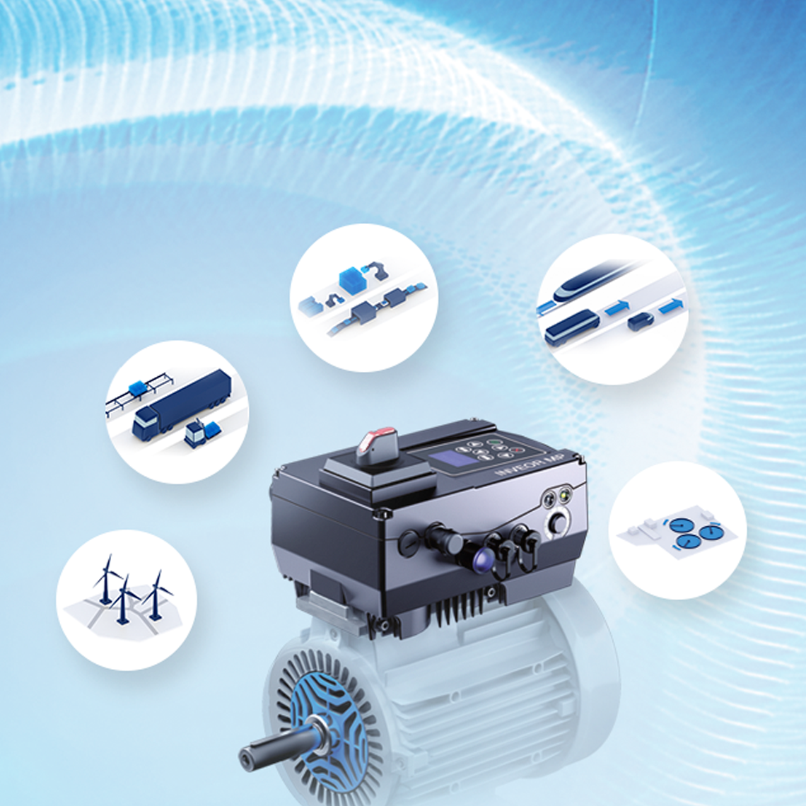 Schematische Darstellung eines motormontierten Frequenzumrichters auf einem Elektromotor sowie fünf Icons für die KOSTAL-Branchen